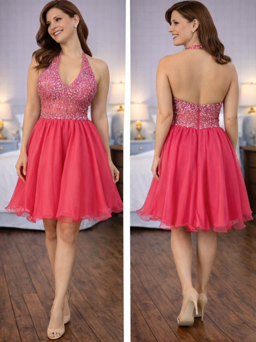 Hannah S 27074 Halter Pink Beaded Barbiecore Formal Dress $298
